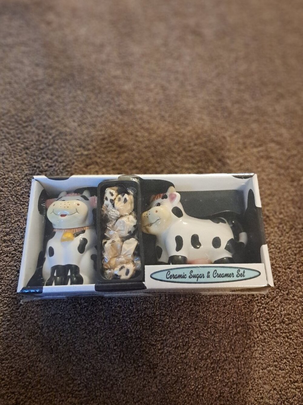 NIB Vintage Houston Harvest Ceramic Cow Sugar Bowl & Creamer Set Black White - Picture 4 of 5